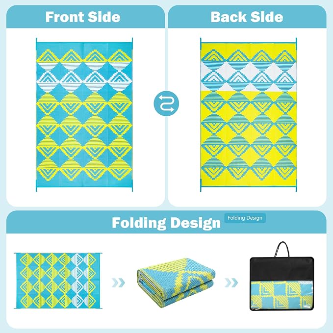 Lahome Outdoor Rugs 8x10 Waterproof, Reversible Plastic Large Outdoor Rug for Patios, Outside RV Mat Carpet for Deck Porch Backyard Balcony Picnic Trailer (Blue/Yellow, 8' x 10')