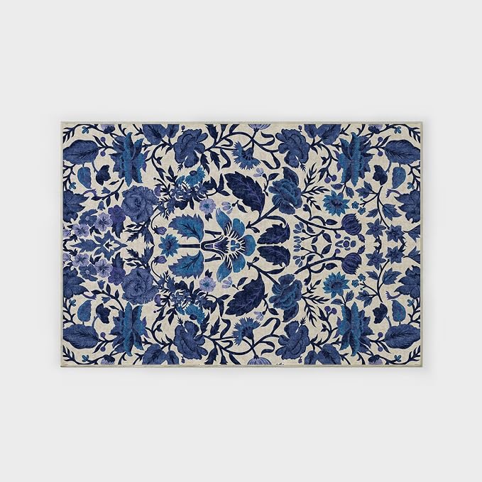 EVERGRACE Area Rugs for Living Room 4x6, Boho Floral Faux Wool Indoor Outdoor Rugs, Washable Rugs for Bedroom Entryway Dining Room Hallyway, Low Pile Floor Mat Carpet for Home Decor, Celtic Blue