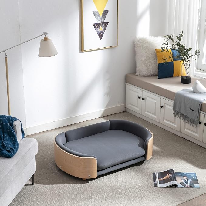 Scandinavian Style Elevated Dog Bed Pet Sofa with Solid Wood Legs and Bent Wood Back, Velvet Cushion, Large Size, Natural Frame & Dark Grey Cushion