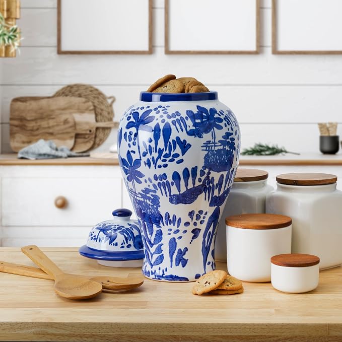 Mikasa Blue and White Landscape Round Ceramic Ginger Jar, Store Small Household Items or Display Faux Florals