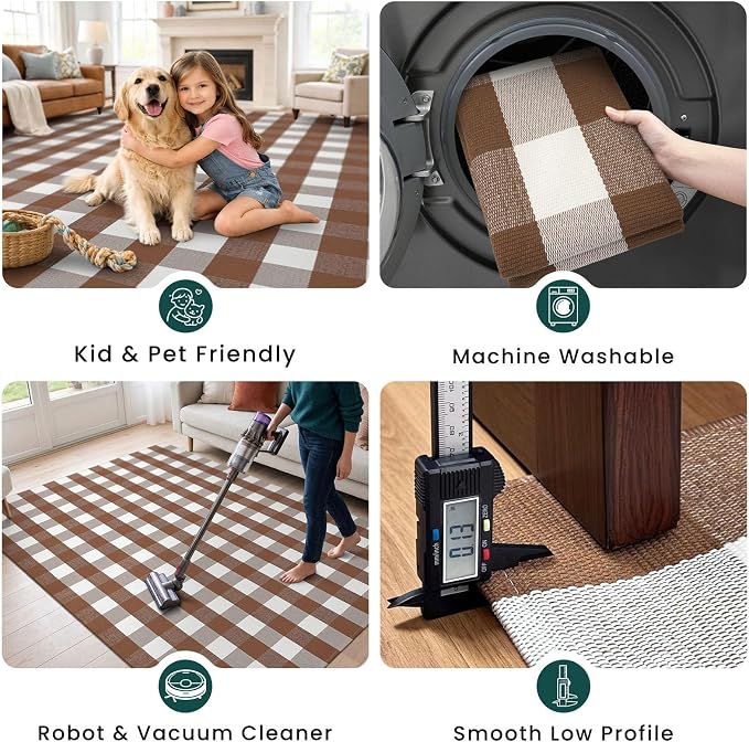 KOZYFLY Buffalo Plaid Area Rugs 2x3 Ft Brown and White Rug Washable Front Door Mat Woven Cotton Indoor Outdoor Rug for Front Porch Kitchen Entryway Patio Farmhouse Checkered Doormat