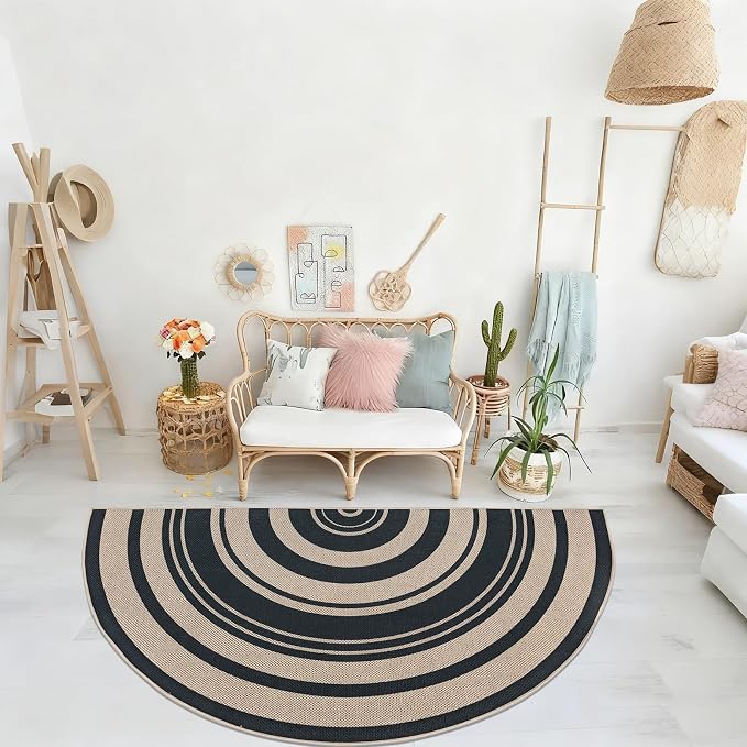 Easy Jute Rug 3x6Ft Half Circle Rainbow Carpet for Farmhouse Bedroom Carpet, Non-Slip Half Round Thin Neutral Floor Mat for Living Room Patio Kids Room Kitchen, Indoor Outdoor, Black 1