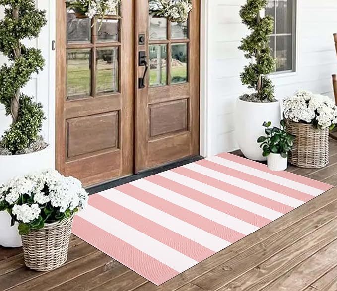 Front Door Mat 24"x51",Pink and White Striped Layered Doormat Cotton Woven Washable Indoor Outdoor Porch Rug Farmhouse Small Area Rug for Porch/Entryway/Home Entrance Decor