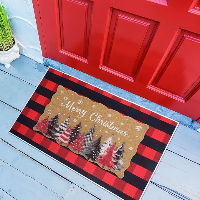 Fourluoo 2 Piece Christmas Door Mat Combo Set Outdoor Christmas Rugs 28 x 40 Inch Red White and Black Plaid Welcome Mat Non Slip Xmas Tree Layering Front Door Rug for Indoor Outdoor Entrance Porch