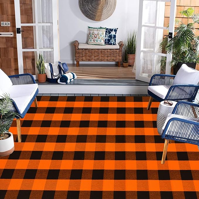 Buffalo Plaid Outdoor Rugs, 4' x 6' Orange and Black Checkered Indoor/Outdoor Area Rug, Layering Rug for Hello/Welcome Door Mat, Washable Cotton Woven Farmhouse Mat for Fall Front Porch Décor