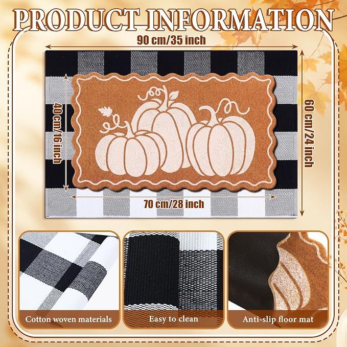 Moucuny 2 Pcs Fall Coir Doormat Outdoor, Wavy Edge Pumpkin Welcome Mat, Black and White Plaid Outdoor Rug Non Slip Floor Door Mat for Entrance Front Porch Decor, 24'' x 35'', 16'' x 28''