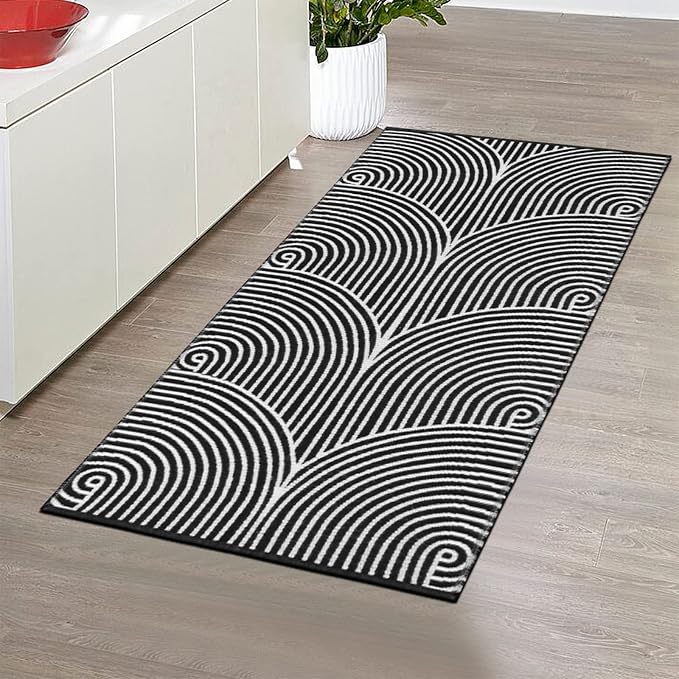 Tiffasea Black and White Kitchen Rug 2'x4' Washable Indoor Outdoor Rugs | Machine Washable Rug Cotton Hand-Woven Modern Area Rug Front Door Rug for Living Room/Entryway/Laundry/Bathroom/Bedroom