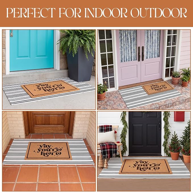 2 Pcs Outdoor Door Mat Combo Set Layered Outdoor Rug and Coir Welcome Doormat Non Slip Outside Floor Mat for Front Porch Entryway Patio Yard Decor(Yay You're Here,24'' X 51',18'' X 28'')