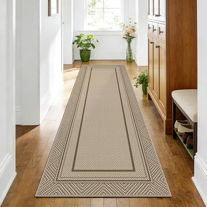 Capslpad 2x8 Hallway Area Rug, Faux Jute Geometry Line Entryway Rug, Farmhouse Washable Non-Slip Rubber Backing, Stain Resistant Low Pile Runners for Hallways, Kitchen, Bedroom, Laundry, Brown