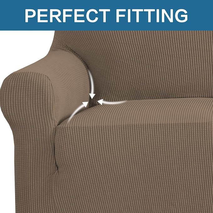 H.VERSAILTEX Stretch Couch Covers for Sofa 1 Piece Slipcovers for Couches and Sofas 3 Seater Couch Cover Feature Thick Checked Jacquard Fabric with Elastic Bottom(Sofa 72"-88" Wide, Macchiato)