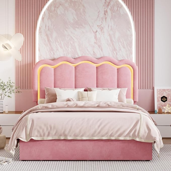 SHA CERLIN Queen Size Bed Frame with LED Lights and Storage Drawer, Pink | Upholstered Velvet Platform Bed with Adjuatable Wavy Headboard, Noise-Free, Easy Assembly,No Box Spring Needed