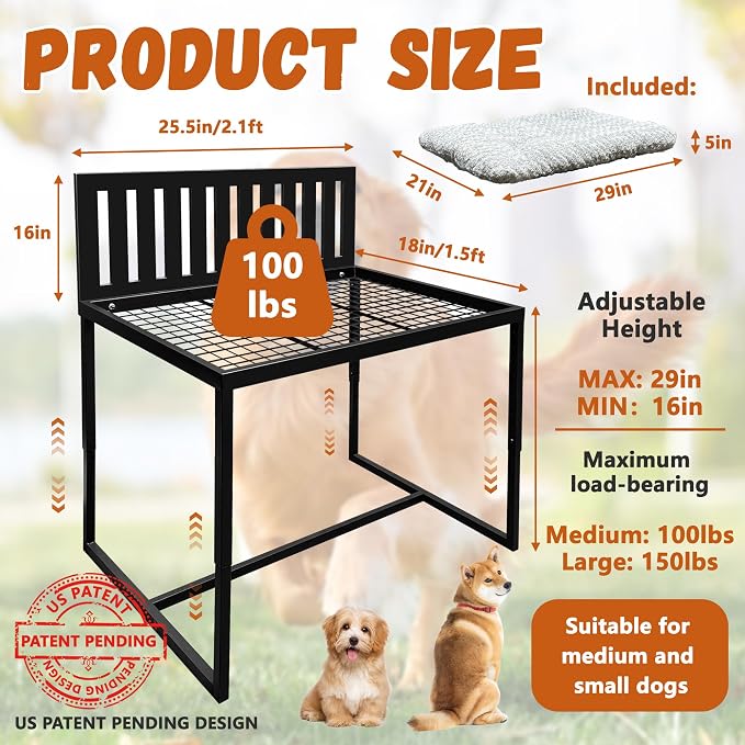Beside Dog Bed,Adjustable Height Dog Bunk Beds,25.5‘’x18‘’Metal Dogs Bed Frame with Cushion (Medium)