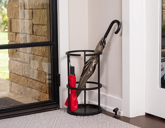 BIRDROCK HOME Circular Umbrella Holder with Removable Drip Tray - Stand for Umbrellas - Entryway - Decorative Metal Freestanding Rack Organizer - Cane Walking Stick Holder - Black