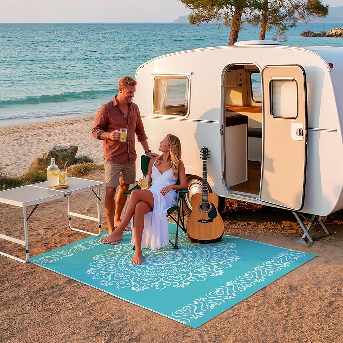 Pauwer Outdoor Rug 5x8, Waterproof Plastic Straw Camping Rug, Floral Teal | Reversible Patio Rug, UV Resistant Indoor Outdoor RV Mat Carpet For Deck, Camper, Porch, Balcony, Backyard, Picnic, Foldable