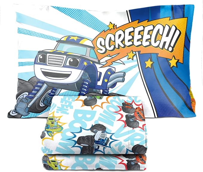 Jay Franco Blaze and the Monster Machines Off to The Races 4 Piece Toddler Size Bed Set – Super Soft Microfiber Bed Set Includes Size Comforter & Sheet Set (Official Blaze Product)
