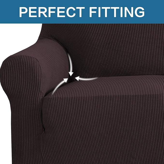 H.VERSAILTEX Stretch Love Seat Couch Covers Couch Slipcovers for 2 Cushion Couch Sofa Cover for Loveseat 1 Piece with Elastic Bottom, Textured Checked Jacquard Fabric(Loveseat 58"-70" Wide, Chocolate)