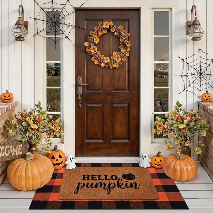 2 Pcs Halloween Decor Door Mat Combo Set, Coir Welcome Mat & 27.5 x 43 Inches Orange and Black Plaid Rug,Layered Buffalo Plaid Mat for Front Porch Entryway, Indoor Outdoor Welcome Mats