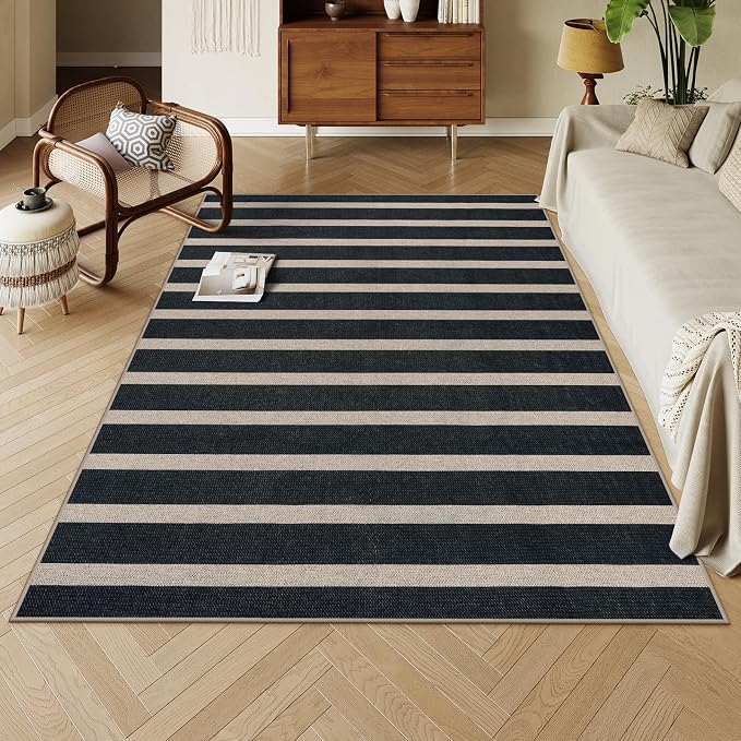 Lahome Striped Easy Jute Outdoor Patio Rug, 5x7 Living Room Washable Rugs | Dining Room Area Rug Black, Modern Farmhouse Neutral Non Slip Non Shedding Carpet for Porch Deck Classroom Entryway Office