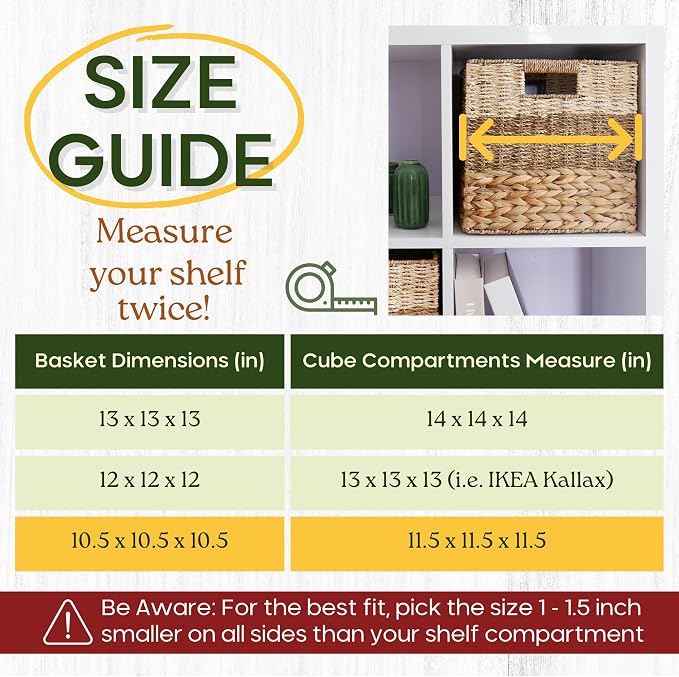 CHI AN HOME 11x11 Wicker Storage Cubes Storage Baskets For Shelves Set 4 | 10.5 x 10.5 Water Hyacinth Storage Baskets Woven With Seagrass, Palm Leaf. Foldable Square Baskets With Carry Handles