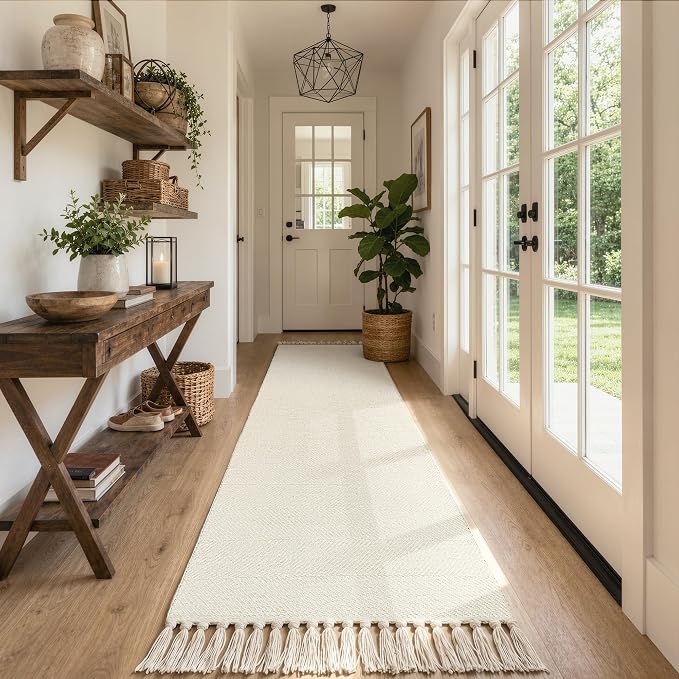 Collive Rug Runners for Hallways, Boho Washable Kitchen Runner Rugs 2.6' x 10' Farmhouse Indoor Entry Hall Carpet, White Modern Hand Woven Bathroom Runner Carpet for Bedroom Entrance Porch Decor