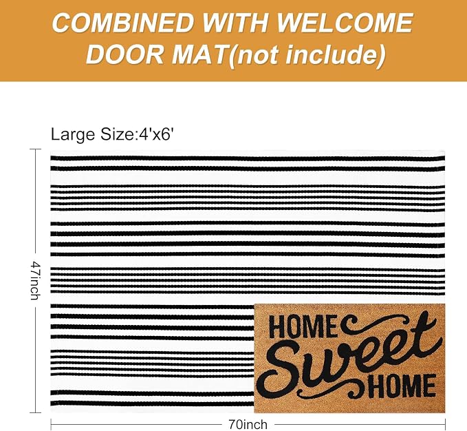 LEEVAN 4'X6' Black and White Striped Woven Cotton Reversible Outdoor Rug | Machine Washable Front Porch Rug, Entryway Door Mat, Indoor Layering Carpet for Balcony Farmhouse Laundry Patio