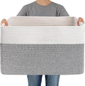 JMvicyroam 65L Large Woven Cotton Rope Blanket Basket, White&Grey | Blanket storage for living room or bedroom use, Freestanding with reinforced handles, Entire basket is machine washable