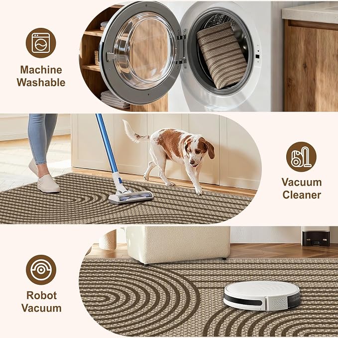 Faux Jute Area Rug, 4' x 6' Washable Rug, Brown Farmhouse Ultra-Thin Non-Slip Carpet for Outdoor, Bedroom, Dining Room, Backyard, Home Decor