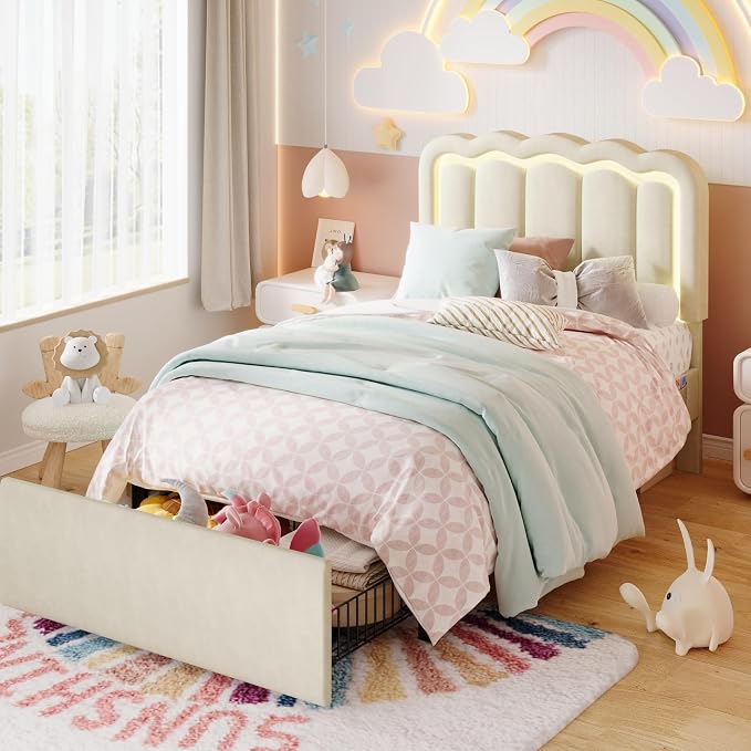 SHA CERLIN Twin Size Bed Frame with LED Lights and Storage Drawer, Cream | Upholstered Velvet Platform Bed with Adjuatable Wavy Headboard, Noise-Free, Easy Assembly,No Box Spring Needed