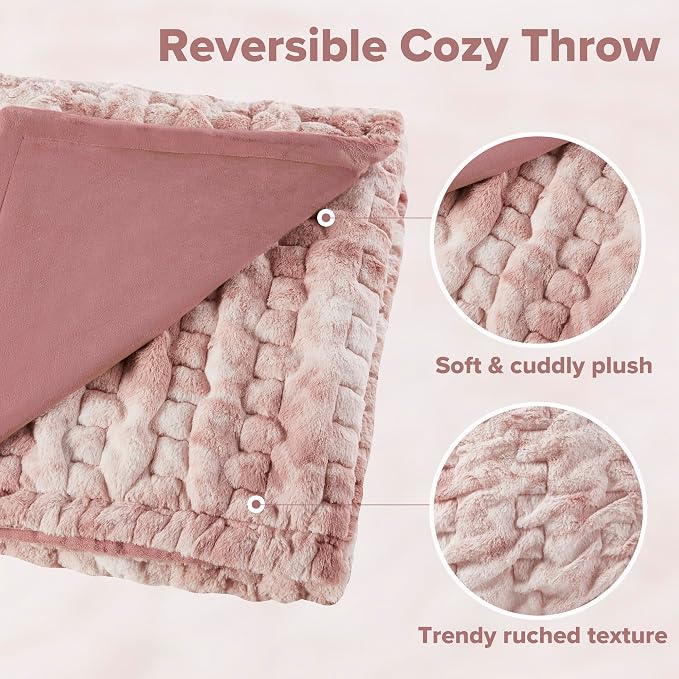 Comfort Spaces Ruched Throw Set Faux Fur Blanket, 50 x 60, Blush Tie Dye | Ultra Soft, Cozy Warmth for Sofa or Bed, Plush, OEKO-TEX Certified