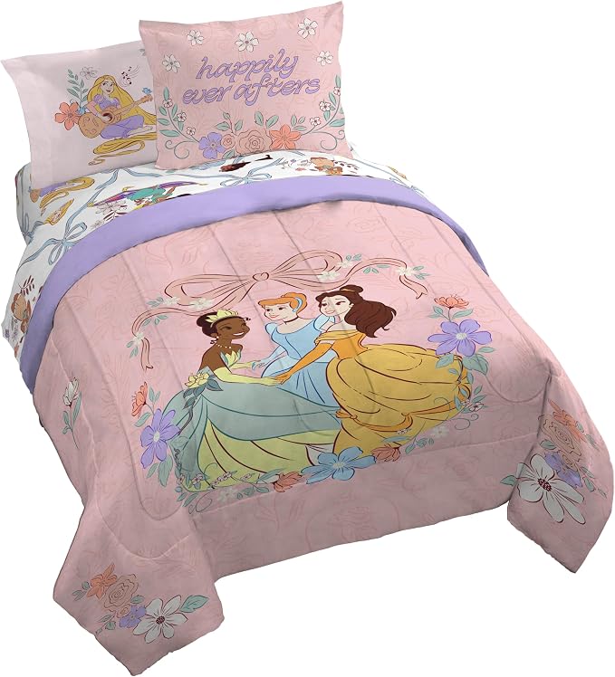 Disney Princess Queen Comforter Set 7 Piece Kids Bedding for Girls, Pink | Cinderella Rapunzel Belle, Bed in a Bag, Comforter Sheets Shams Pillowcases, Soft Microfiber, Machine Washable, Girls Gift