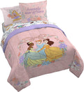 Disney Princess Queen Comforter Set 7 Piece Kids Bedding for Girls, Pink | Cinderella Rapunzel Belle, Bed in a Bag, Comforter Sheets Shams Pillowcases, Soft Microfiber, Machine Washable, Girls Gift