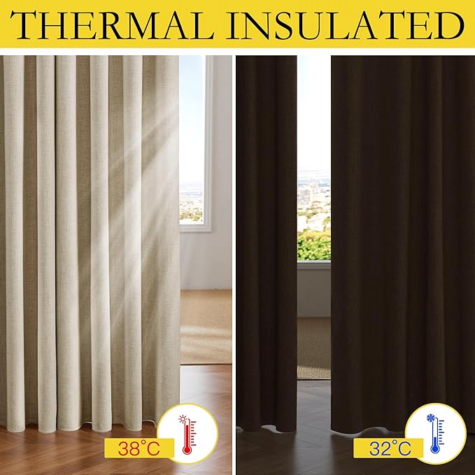 NICETOWN Cream 100% Blackout Linen Curtains 120 inch Long Burg for Living Room, 1 Pair, 62" Width Each Panel, Farmhouse Thick Completely Blackout Window Treatment Thermal Insulated Drapes