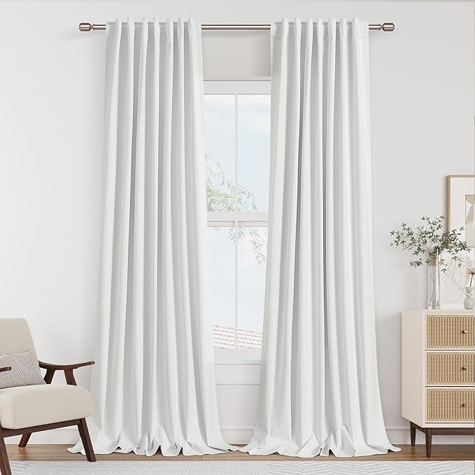 Guken Off White 100% Blackout Curtains 108 Inch Length 2 Panels Set for Living Room Bedroom Back Tab Thermal Insulated 100% Black Out Linen Drapes Room Darkening Window Curtains 52x108