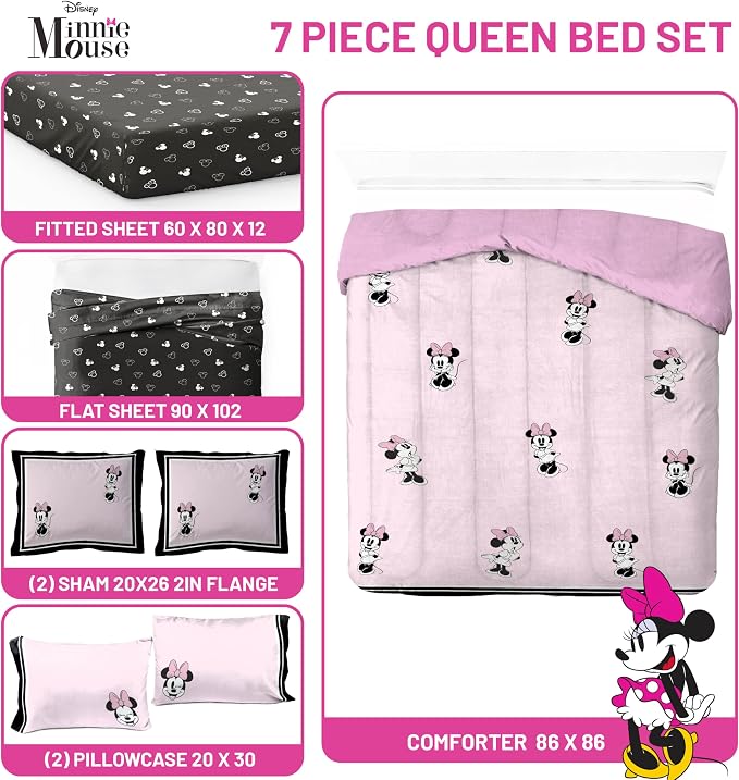 Jay Franco Kids Comforter Set Includes Sheets and Pillow Covers - Soft and Cozy Bed Set for Stylish Room Decor, Official Licensed Bedding, Multi - Minnie Mouse, 7 Piece Queen