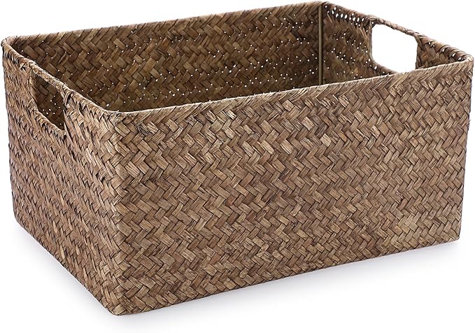 Hipiwe Wicker Storage Bin Handwoven Opened Baskets for Shelf Organizing | Rectangular Decorative Basket, Seagrass Closet Bedroom Organizer Bin Box Multipurpose Storage Basket with Handle