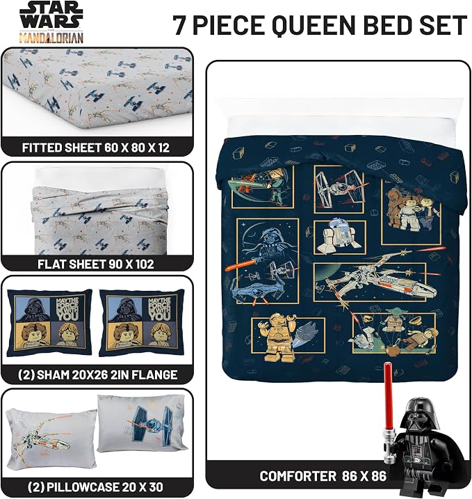 Jay Franco Kids Comforter Set Includes Sheets and Pillow Covers - Soft and Cozy Bed Set for Stylish Room Decor, Official Licensed Bedding, Blue - LEGO®, 7 Piece Queen