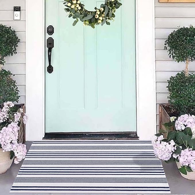 Blue and White Striped Outdoor Rug 24'' x 35'' Door Mat Outdoor Machine Washable Welcome Mats Cotton Hand-Woven Entryway Rug for Front Porch/Entryway/Laundry/Bathroom/Bedroom