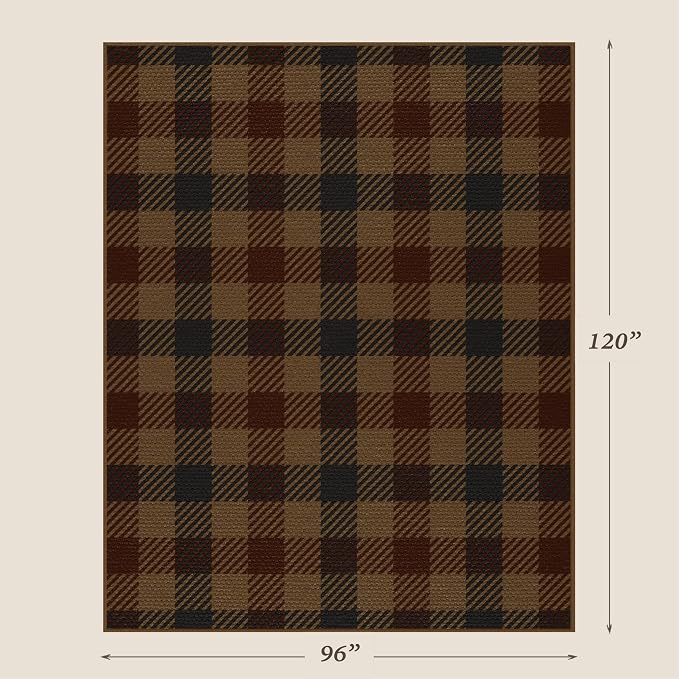 JTJ Vintage Large Plaid Area Rug for Living Room - Classic 8x10 Easy Jute Classic Brown and Red Rug for Bedroom, Dining Room, Outdoor Porch, Neutral Dark Brown Retro Décor