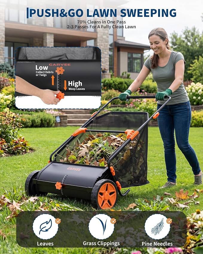 30 Inch Push Lawn Sweeper with Large 12 cu ft Collection Bag, Heavy Duty | Steel Frame, 10" Rubber Wheels, 4 Spinning Brushes, Manual Height Adjustment for Leaves Grass and Yard Debris, Black Orange