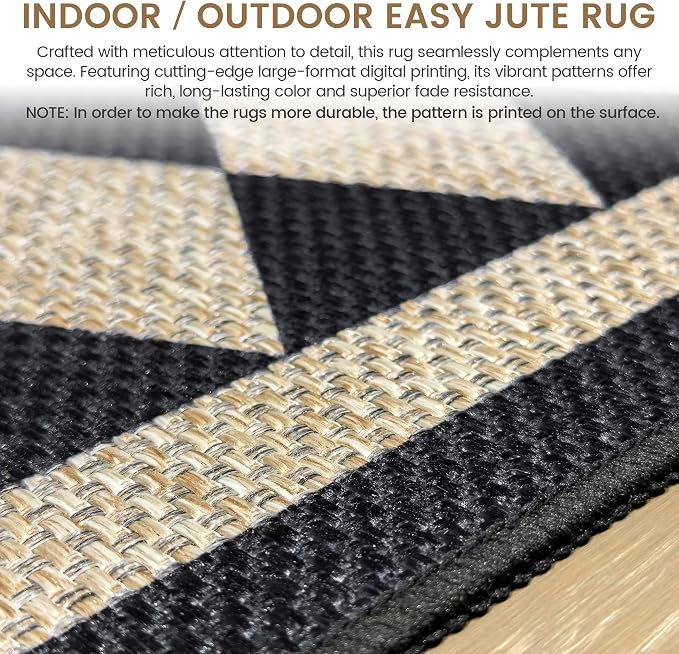 Washable Checkered Easy Jute Runner Rug 2x6, Black Checkerboard Boho Geometric Outdoor Indoor Patio Rug, Woven Non Slip Thin Neutral Long Runner Carpet for Hallway Kitchen 6ft Entryway Porch