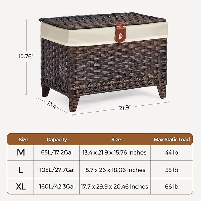 Wicker Storage Basket with Lid, 65L Shelf Basket with Removable Liner Bag | Rattan-Inspired Woven Design, Elevated Feet, Storage Trunk for Wardrobe, Bedroom & Home Organization