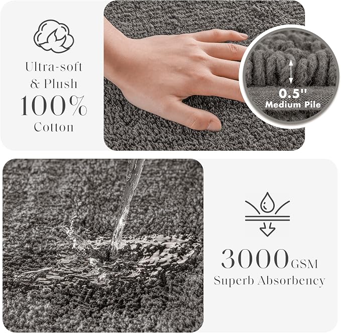 Madison Park Splendor Reversible 100% Cotton Bath Rug, 21 x 34, Charcoal | Tufted Bathroom Mat, 3000 GSM, Hotel Quality, Luxurious Plush, Medium Pile, Absorbent, Quick Dry, OEKO-TEX, Shower Room Décor