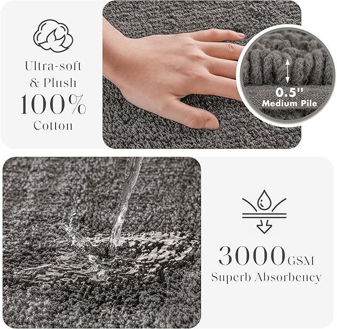Madison Park Splendor Reversible 100% Cotton Bath Rug, 24 x 44, Charcoal | Tufted Bathroom Mat, 3000 GSM, Hotel Quality, Luxurious Plush, Medium Pile, Absorbent, Quick Dry, OEKO-TEX, Shower Room Décor