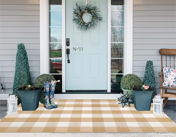 Khaki and White Outdoor Rug 3'x5', Outdoor Porch Rug Cotton Woven Washable Farmhouse Indoor Outdoor Doormat for Front Porch Hello Welcome Layered/Entryway/Bedroom/Living Room/Patio