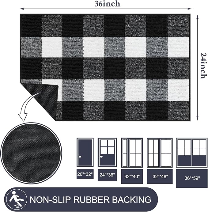 REFETONE Buffalo Plaid Indoor Outdoor Rug 24"x36", Black and White Checkered Front Door Mat with Non-Slip Rubber Back, Washable Low-Profile Entryway Rug for Porch, Kitchen, Layered Doormat Decor