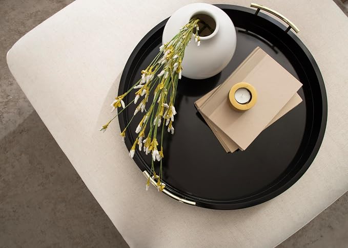 Kate And Laurel Lipton Modern Round Ottoman Tray; 22 Inch Diameter; Black and Gold; Decorative Circle Coffee Table Tray for Living Room Decor or Large Serving Tray
