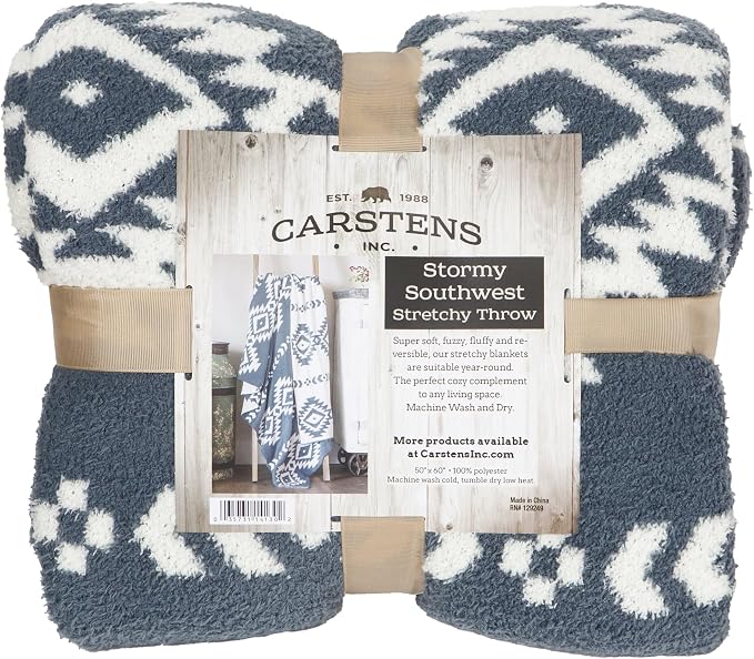 Carstens, Inc. Luxury Soft Stretchy Reversible Plush Throw Blanket, Large 50" x 60", Western Blue Diamond Aztec