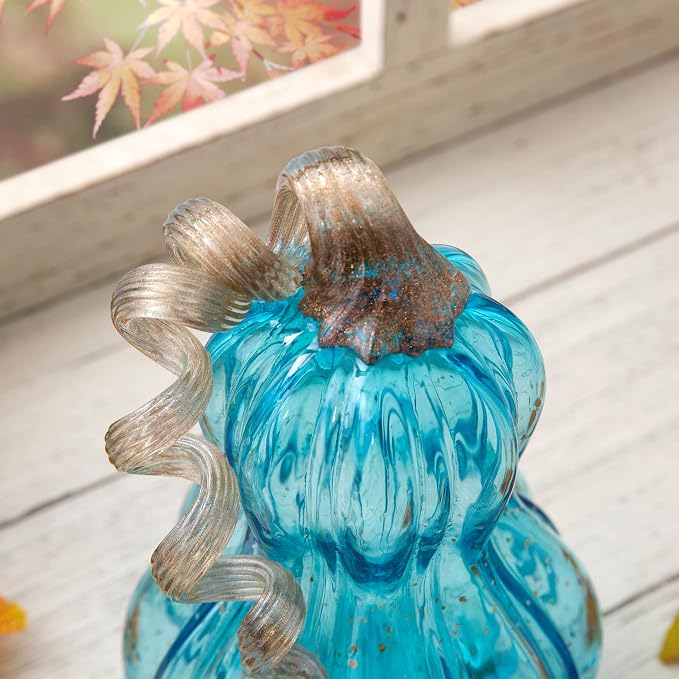Glitzhome Hand Blown Glass Pumpkin Decor 8.5" Blue - Artisan Fall Table Centerpiece for Thanksgiving Harvest Home Decor Halloween Displays