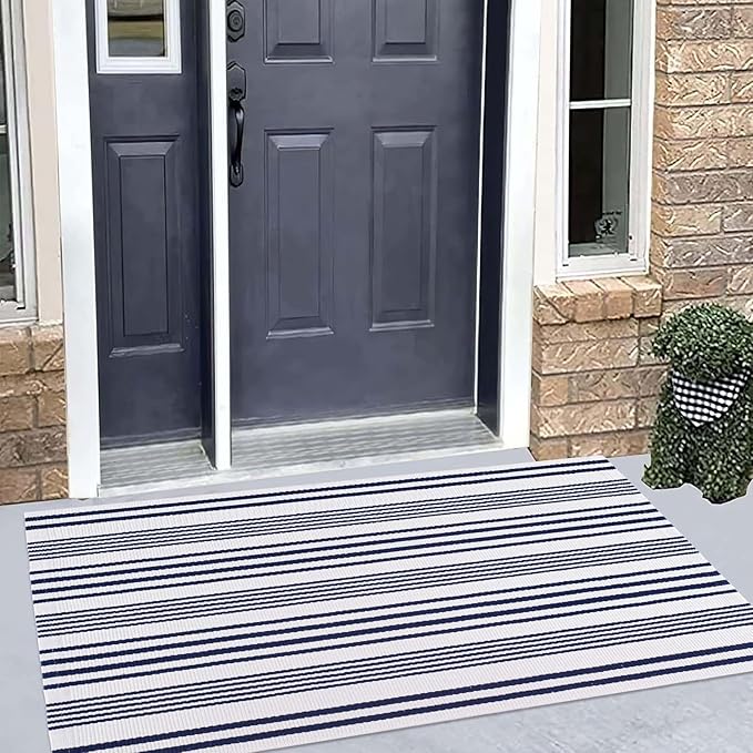 Blue and White Outdoor Rug 24'' x 51''Front Porch Rug Hand-Woven Machine Washable Indoor Layered Door Mats for Entryway/Bedroom