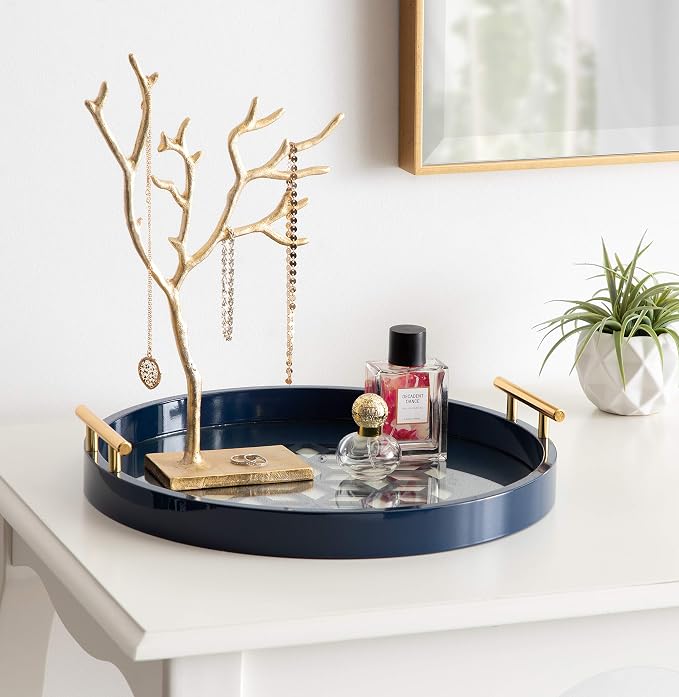 Kate and Laurel Caspen Round Cut Out Pattern Decorative Tray with Gold Metal Handles, 15.5", Navy and Gold